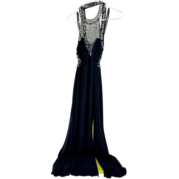 Cache Evening Gown Jeweled Beaded Embellished High Neck Mesh Formal Navy Blue 2 - Picture 1 of 7